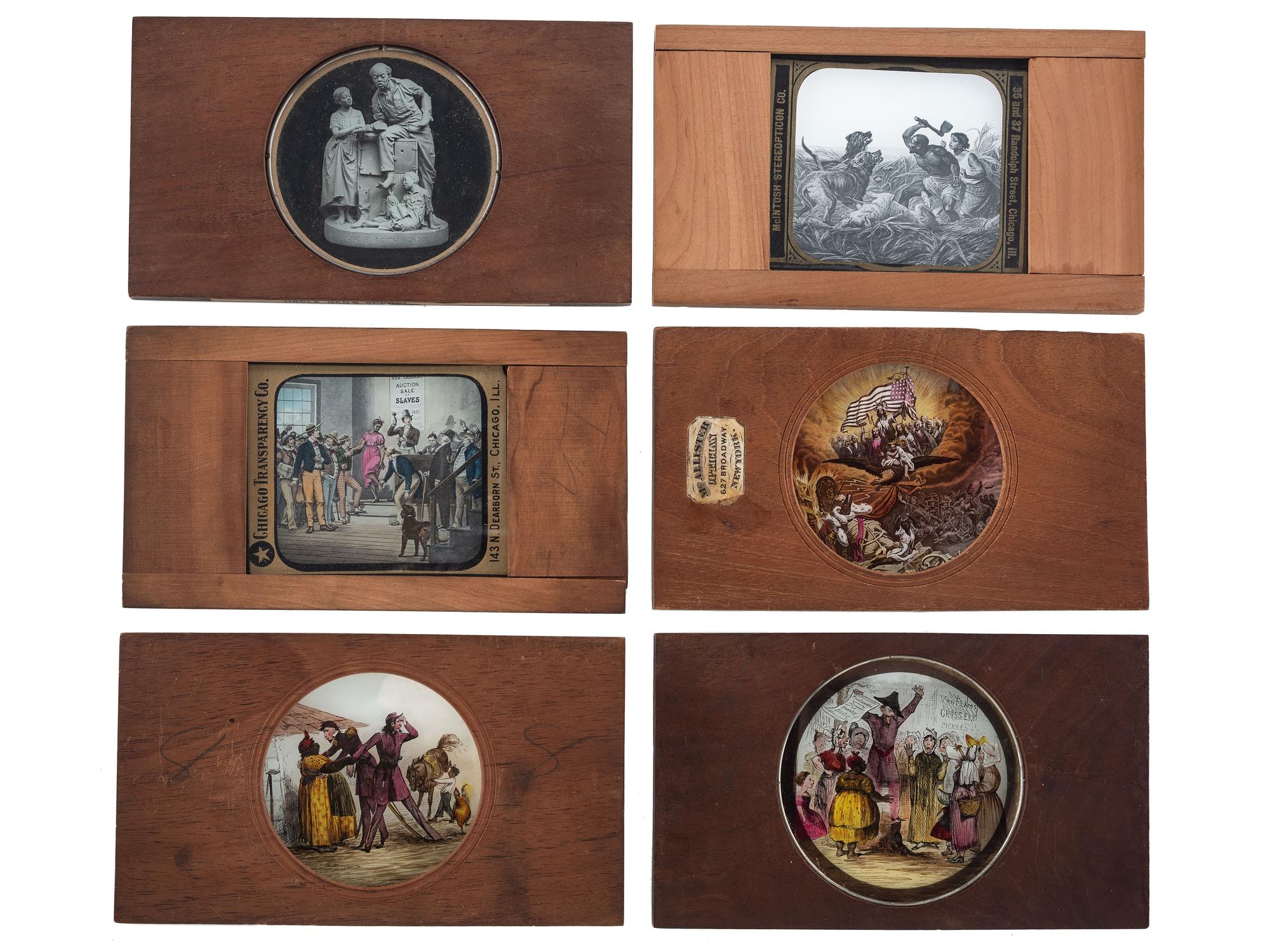 [CIVIL WAR - MAGIC LANTERN SLIDES]. A collection of magic lantern slides depicting enslaved people, Civil War battles, and caricatures, including: