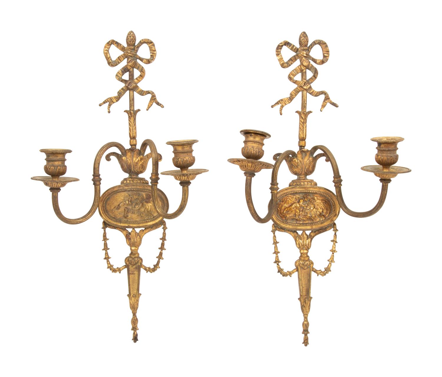 A Pair of Louis XVI Style Gilt Bronze Two-Light Sconces