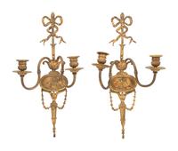 A Pair of Louis XVI Style Gilt Bronze Two-Light Sconces