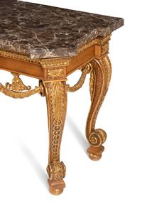 A Pair of George II Style Walnut and Parcel Gilt Marble-Top Pier Tables