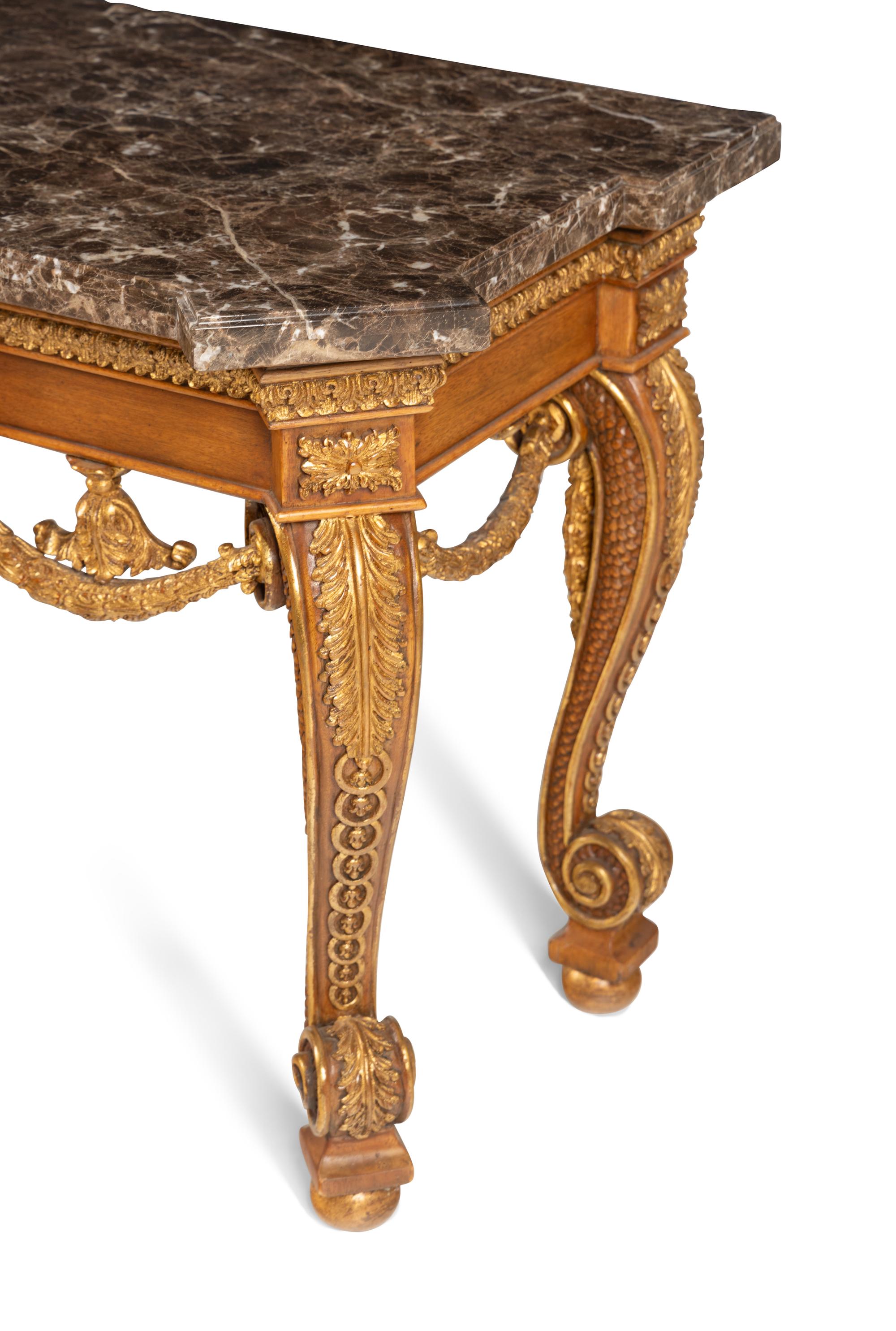 A Pair of George II Style Walnut and Parcel Gilt Marble-Top Pier Tables