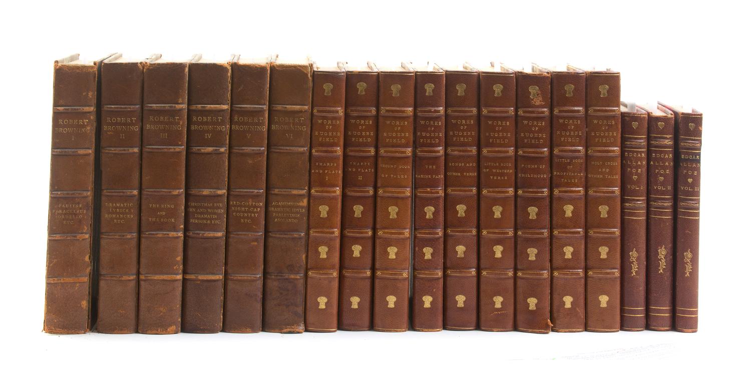 (BINDINGS) A collection of leather bound books, 18 vols. total.