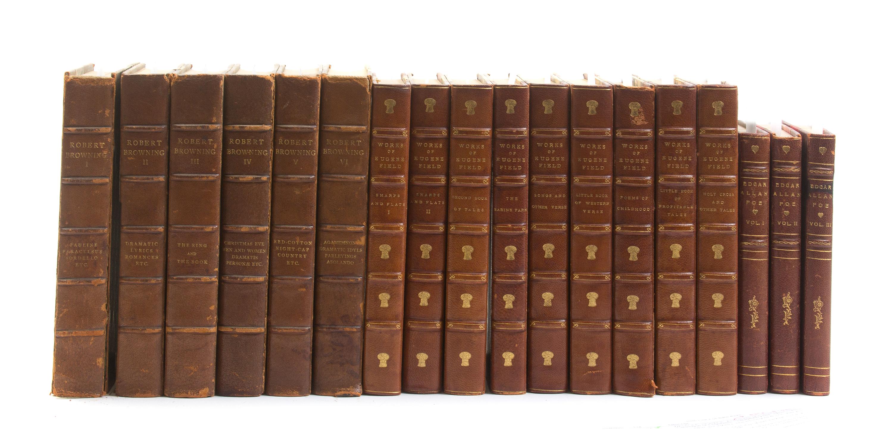 (BINDINGS) A collection of leather bound books, 18 vols. total.