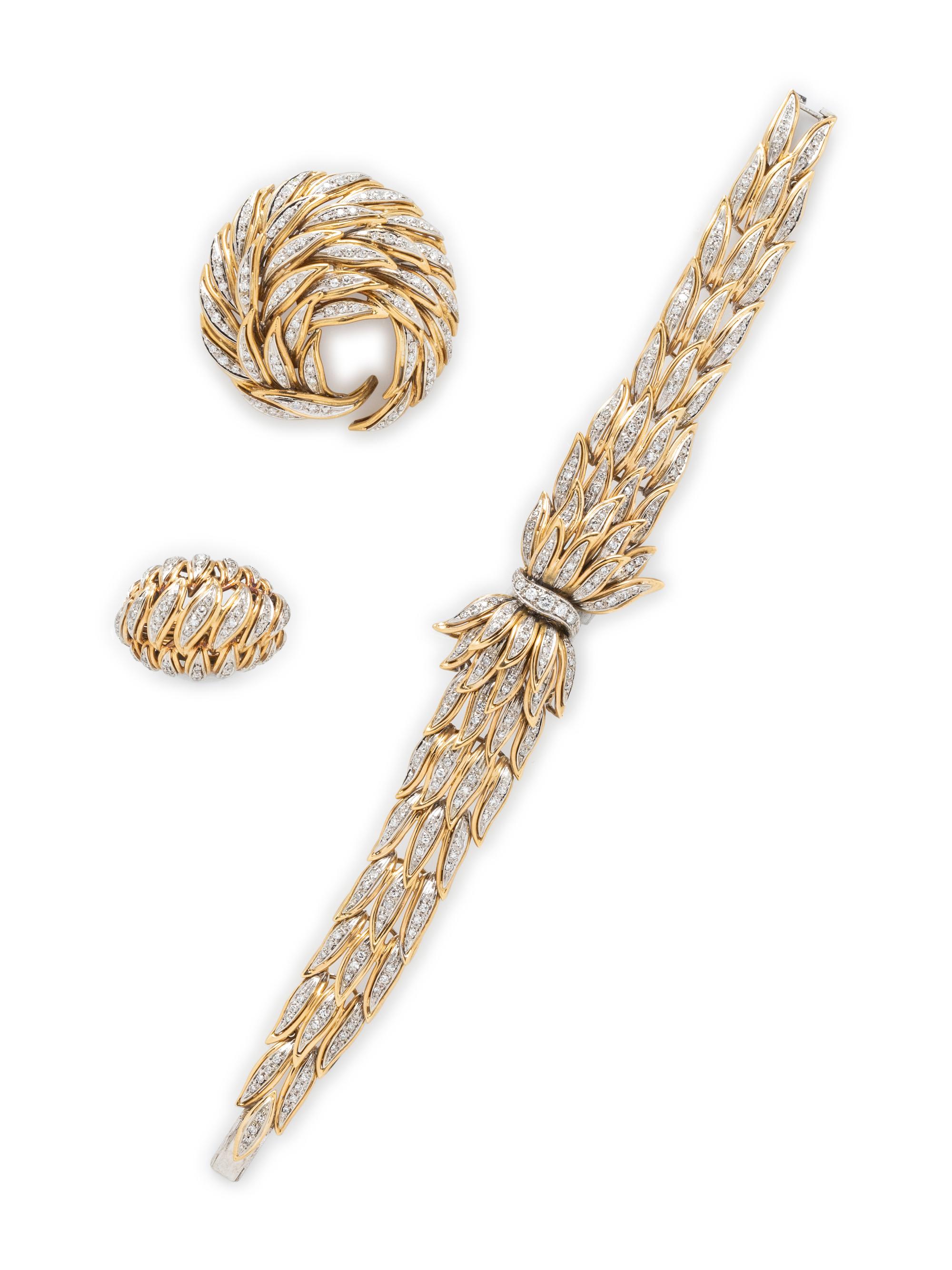 RETRO, BICOLOR GOLD AND DIAMOND JEWELRY SUITE