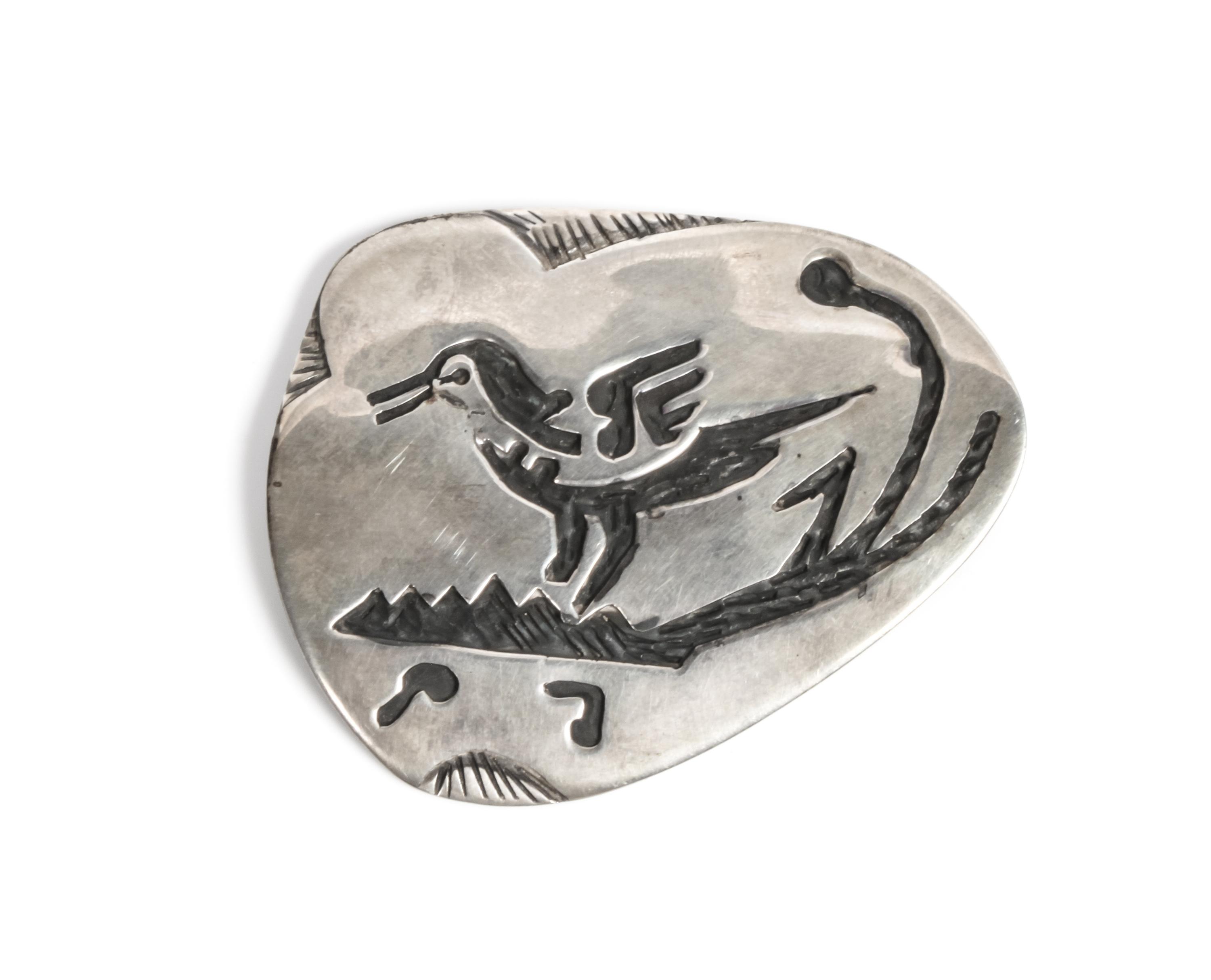Hopi Style Silver Overlay Brooch Height 2 1/8 x width 2 5/8 inches