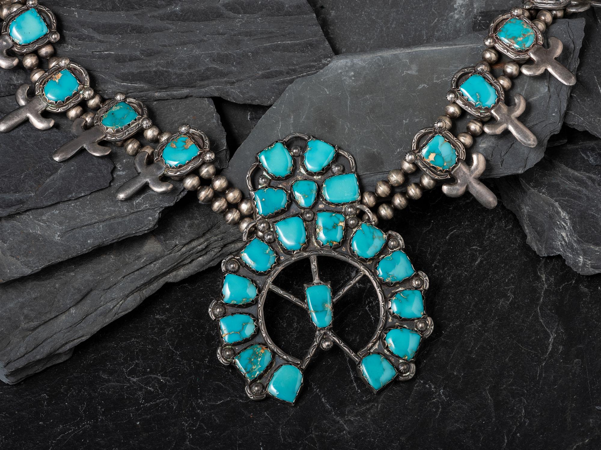 Large Silver and Fox Turquoise Squash Blossom Necklace