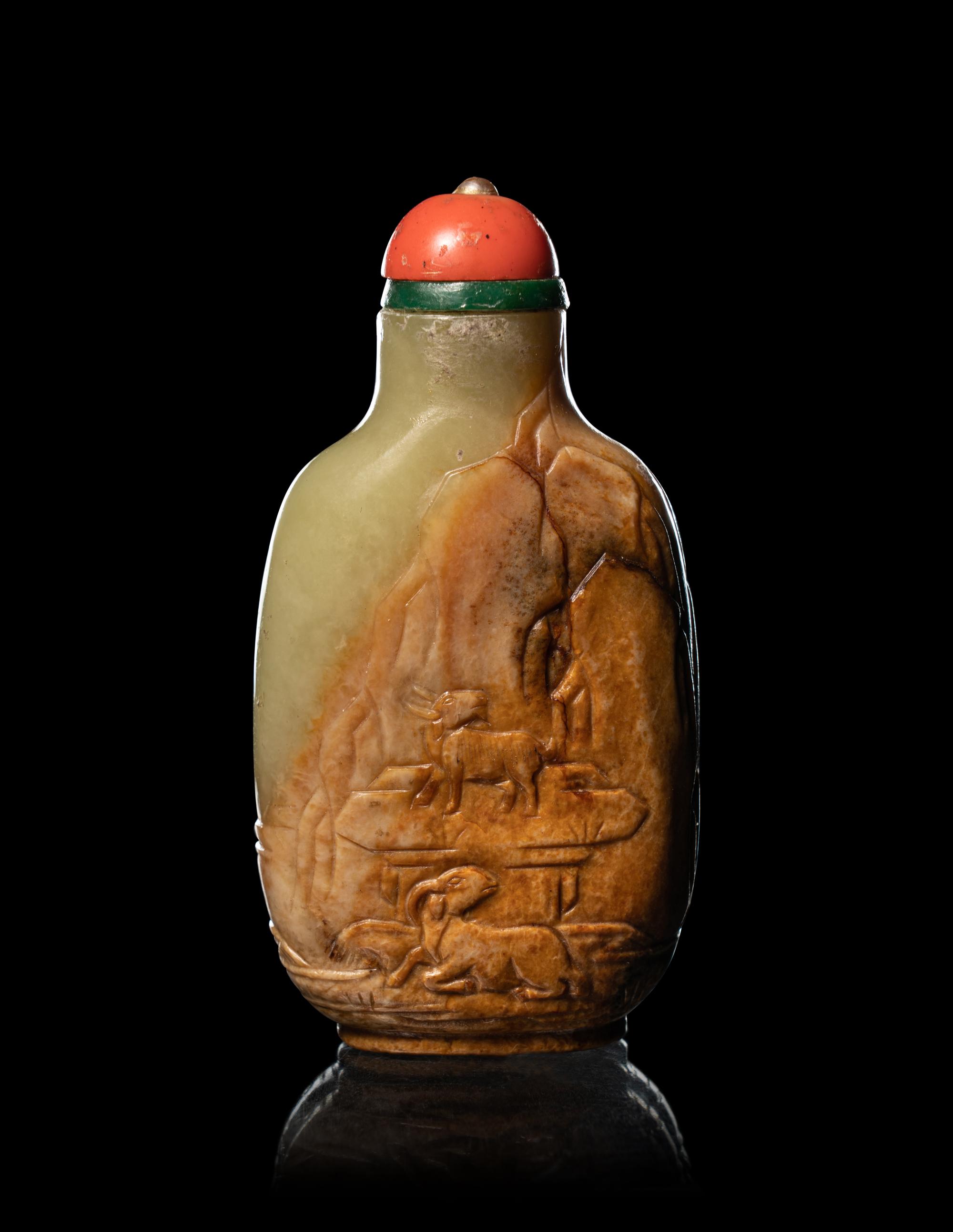 Two Carved Celadon Jade Snuff Bottles