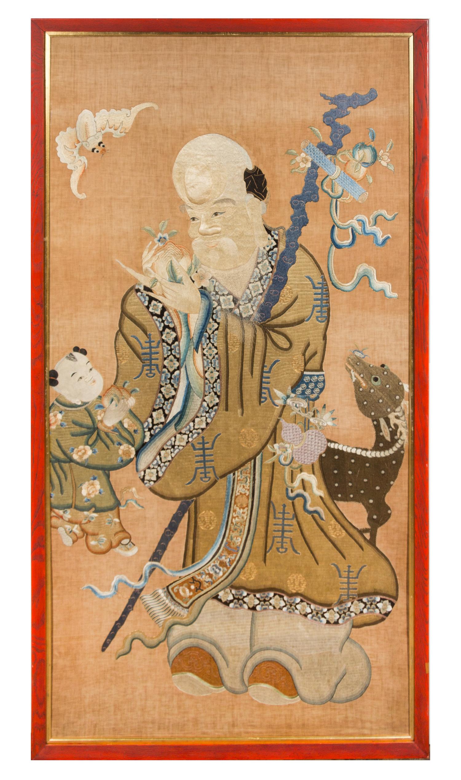 A Chinese Embroidered Silk Panel 66 1/2 x 33 1/4 inches. — 19TH CENTURY