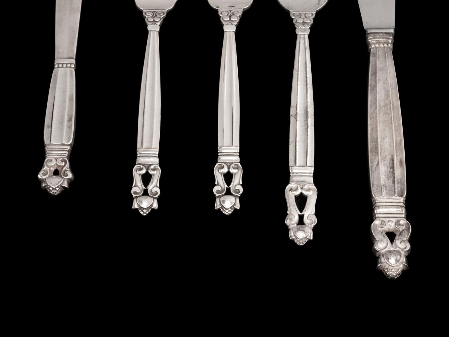 A Georg Jensen Silver Flatware Service, Acorn Pattern