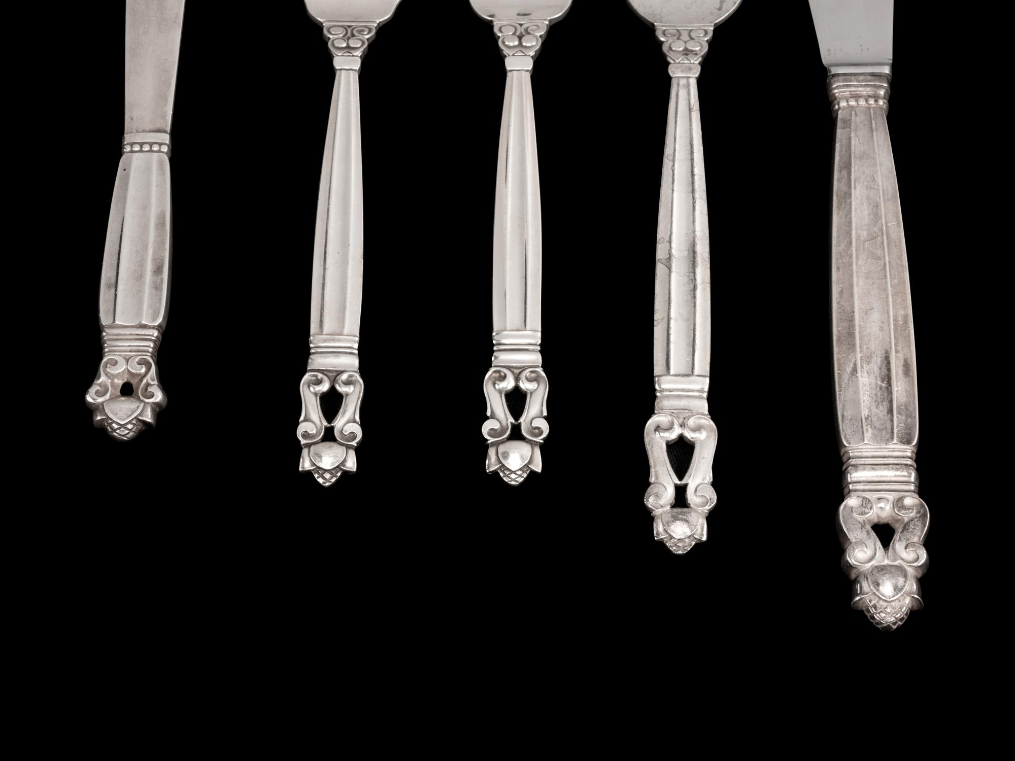 A Georg Jensen Silver Flatware Service, Acorn Pattern