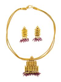 HIGH KARAT YELLOW GOLD AND COMPOSITE GEMSTONE NECKLACE AND EARRINGS