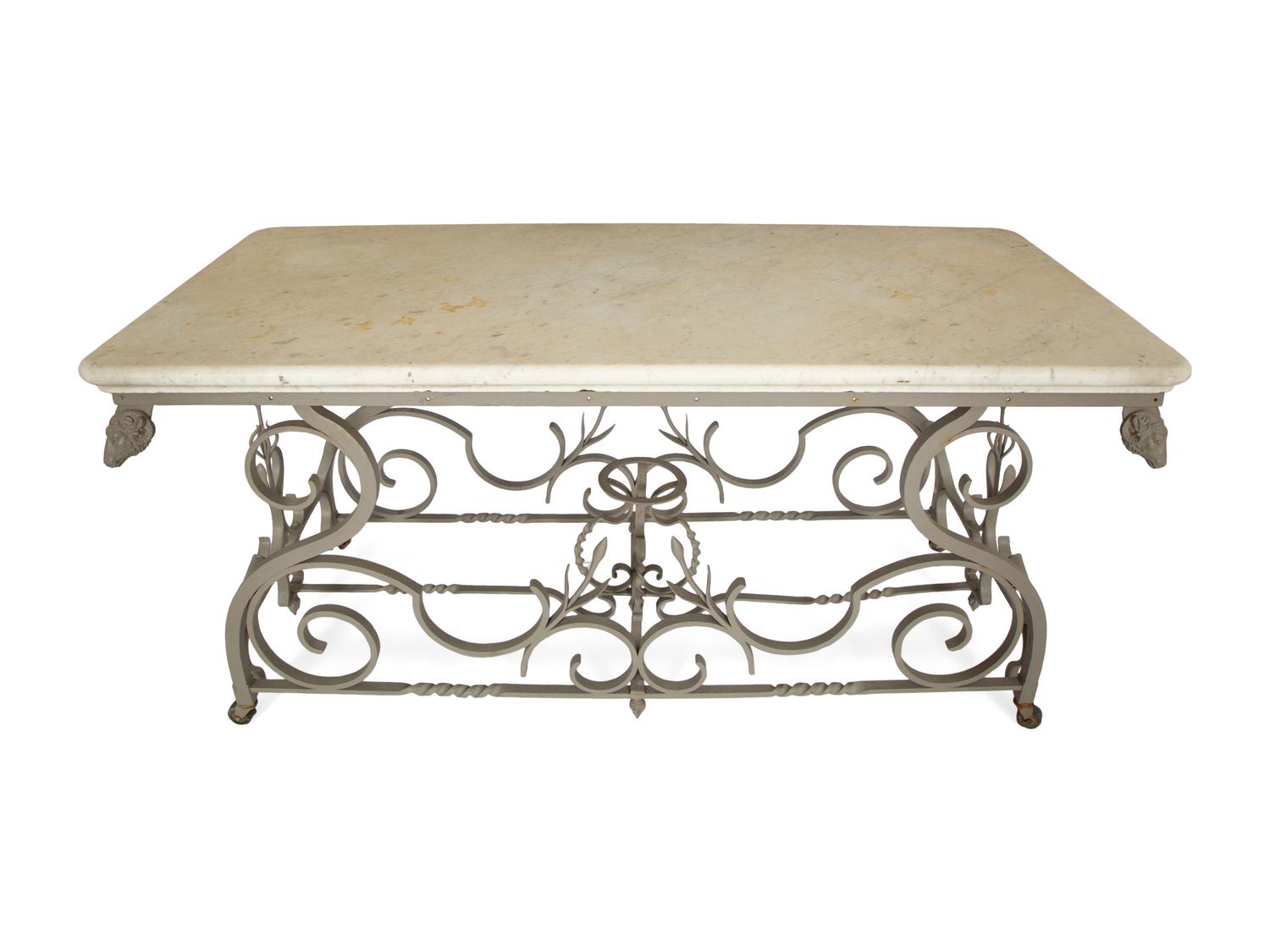 A French Wrought Iron Pastry Table with Honed Carrara Marble Top