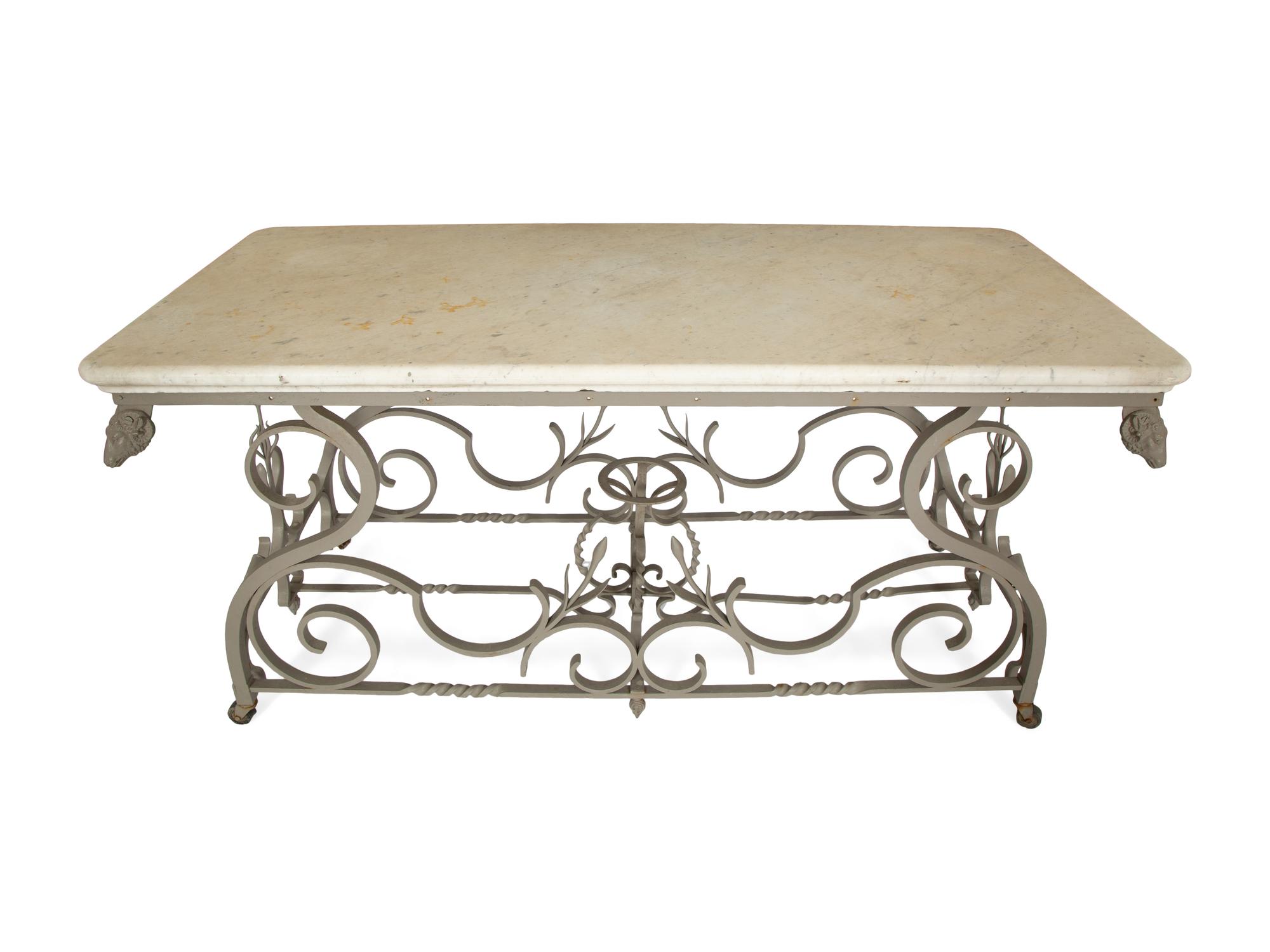 A French Wrought Iron Pastry Table with Honed Carrara Marble Top