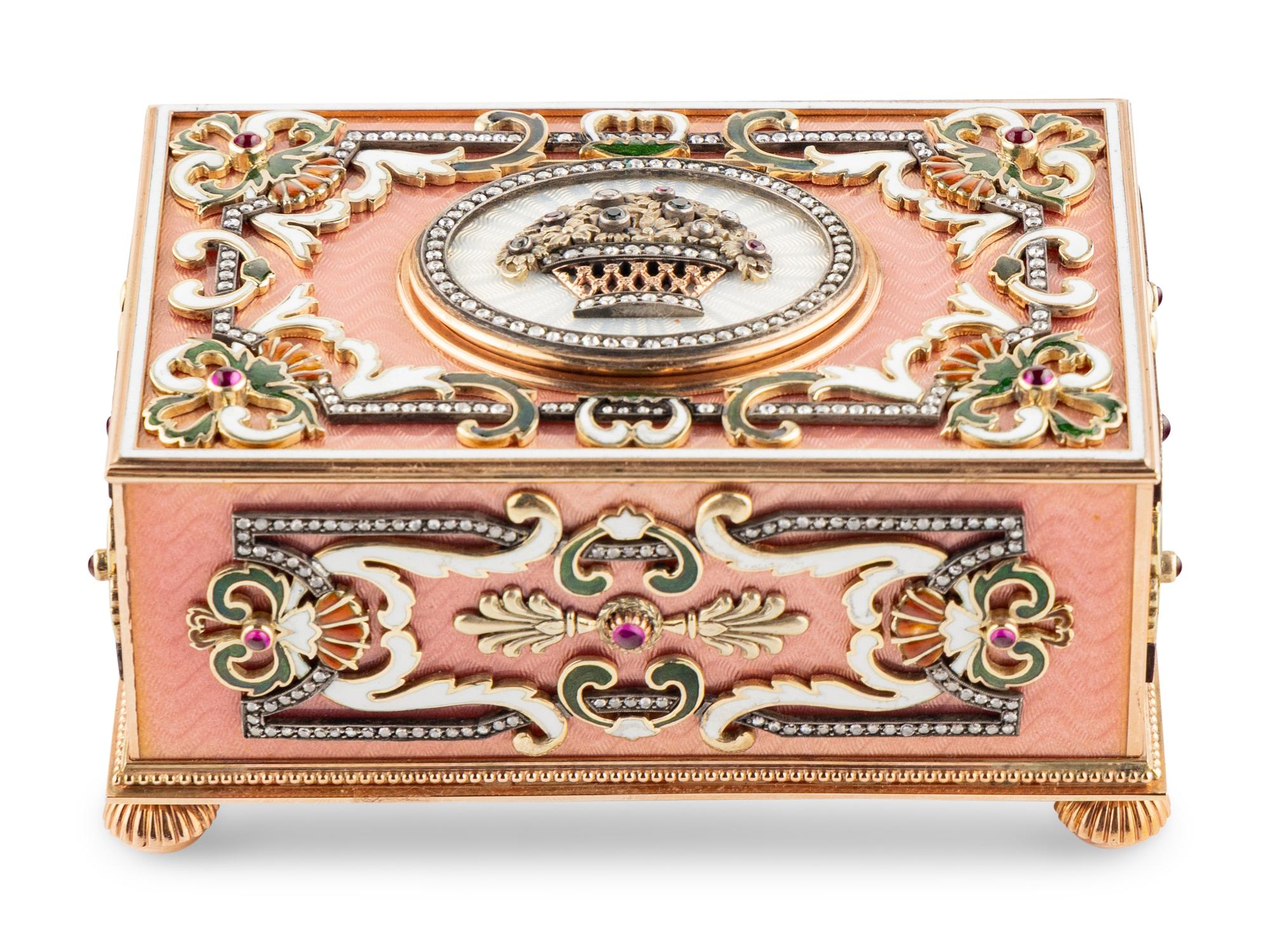 A Continental Gold, Enamel and Jewel-Inset Singing Bird Automaton Box