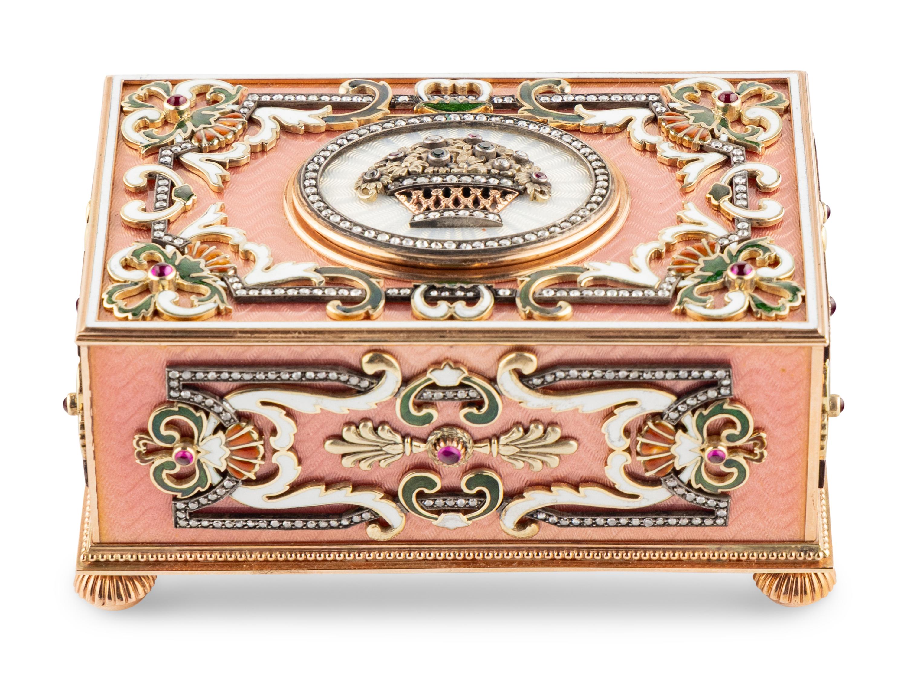 A Continental Gold, Enamel and Jewel-Inset Singing Bird Automaton Box