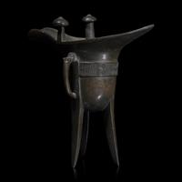 A Chinese Archaistic Patinated Bronze Jue Wine Cup, Late Ming to Qing Dynasty 明末清初 銅加漆爵杯