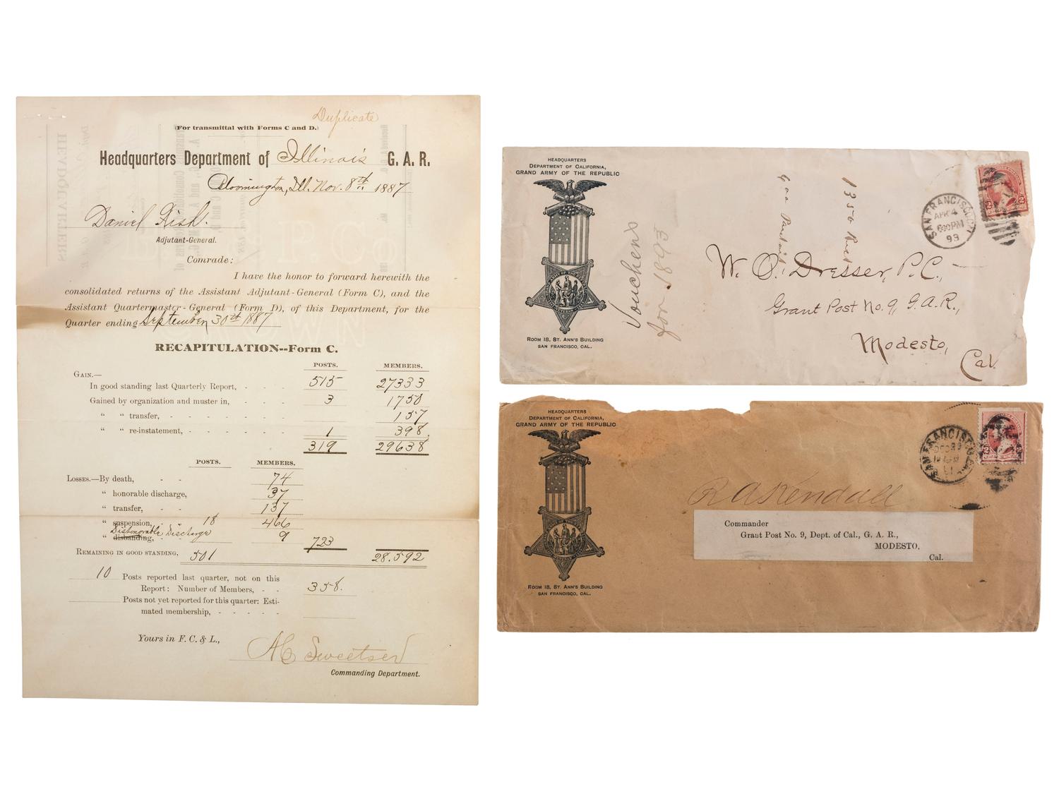[CIVIL WAR] -- [GAR & UCV]. A group of 9 items, incl. photographs, certificates, and declaration of mourning.