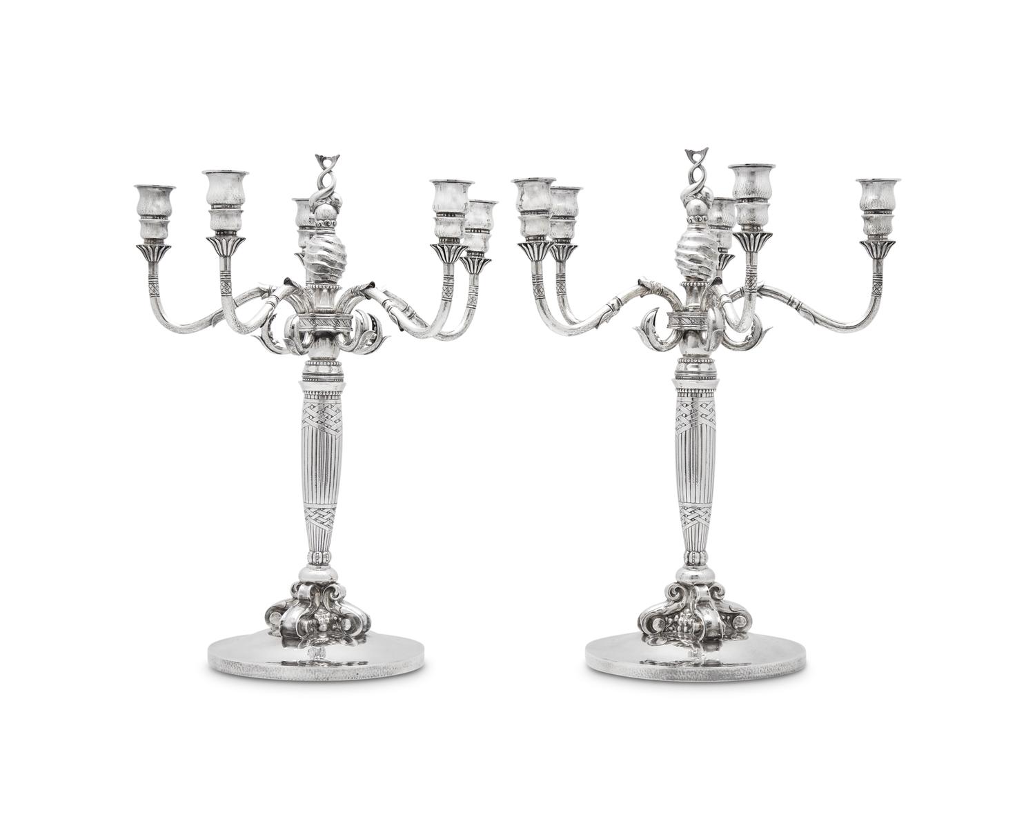 A Pair of Johan Rohde Designed Georg Jensen Silver Five-Light Candelabra