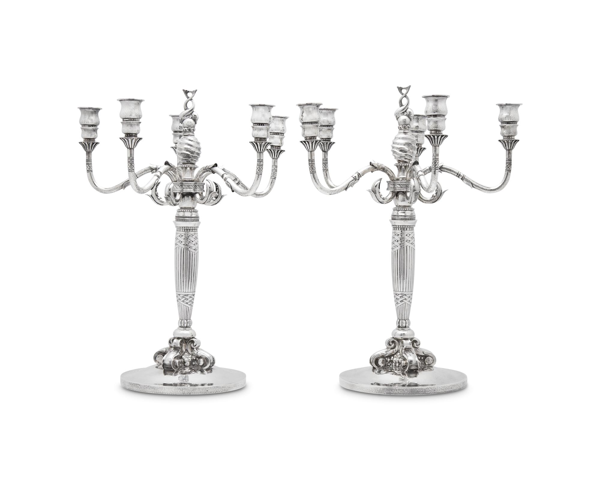 A Pair of Johan Rohde Designed Georg Jensen Silver Five-Light Candelabra