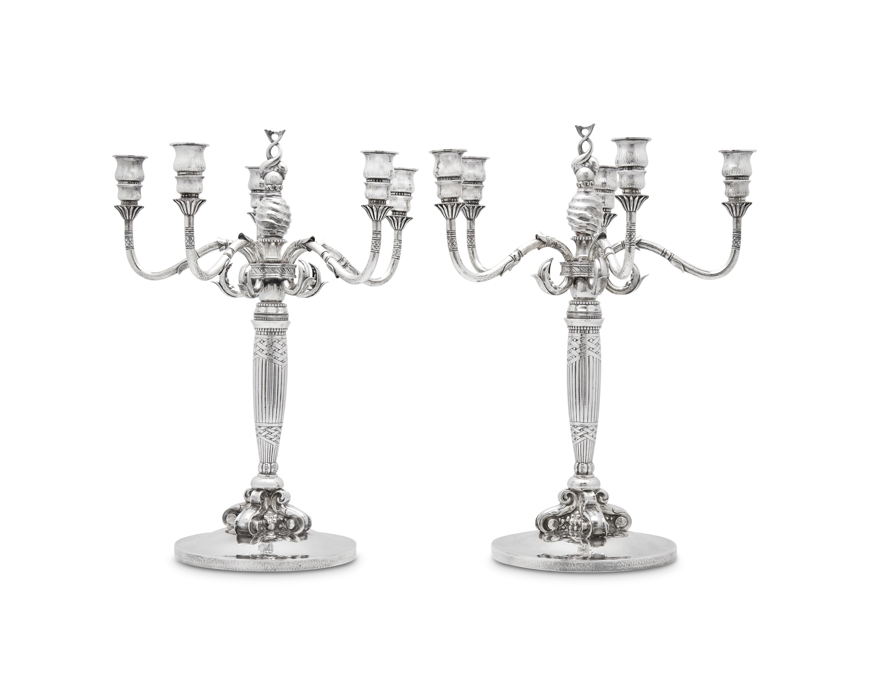 A Pair of Johan Rohde Designed Georg Jensen Silver Five-Light Candelabra