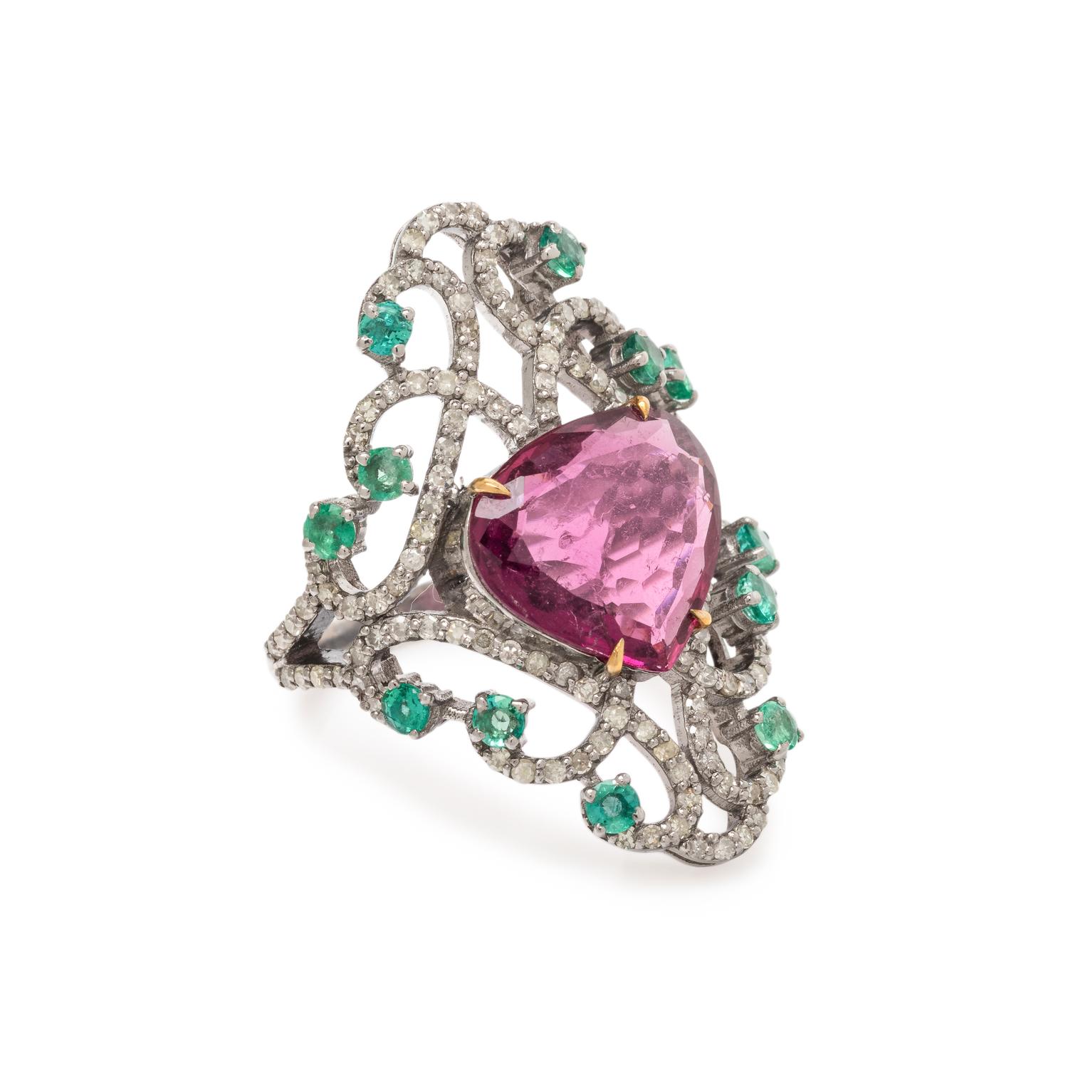 PINK TOURMALINE, EMERALD AND DIAMOND RING