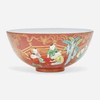 A Chinese famille verte coral-ground porcelain "Boys" bowl 五彩珊瑚地“童子”碗