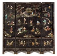 A Chinese Hardstone Inlaid Lacquer Screen Height 67 1/2 x width of each panel 16 1/2 inches. — LATE 19TH/EARLY 20TH CENTURY