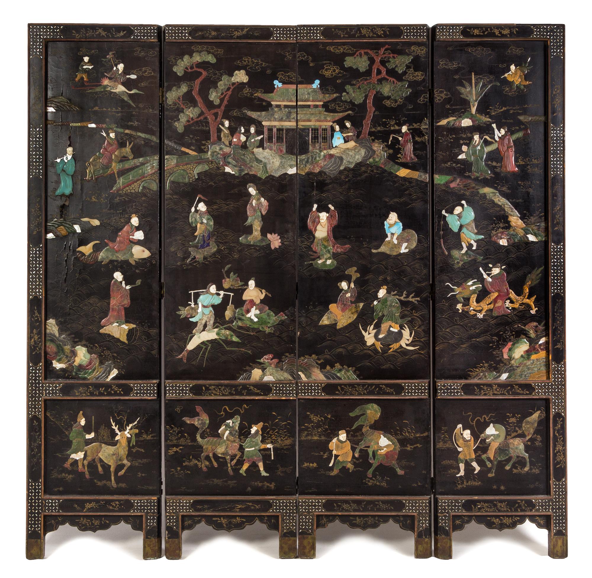 A Chinese Hardstone Inlaid Lacquer Screen Height 67 1/2 x width of each panel 16 1/2 inches. — LATE 19TH/EARLY 20TH CENTURY