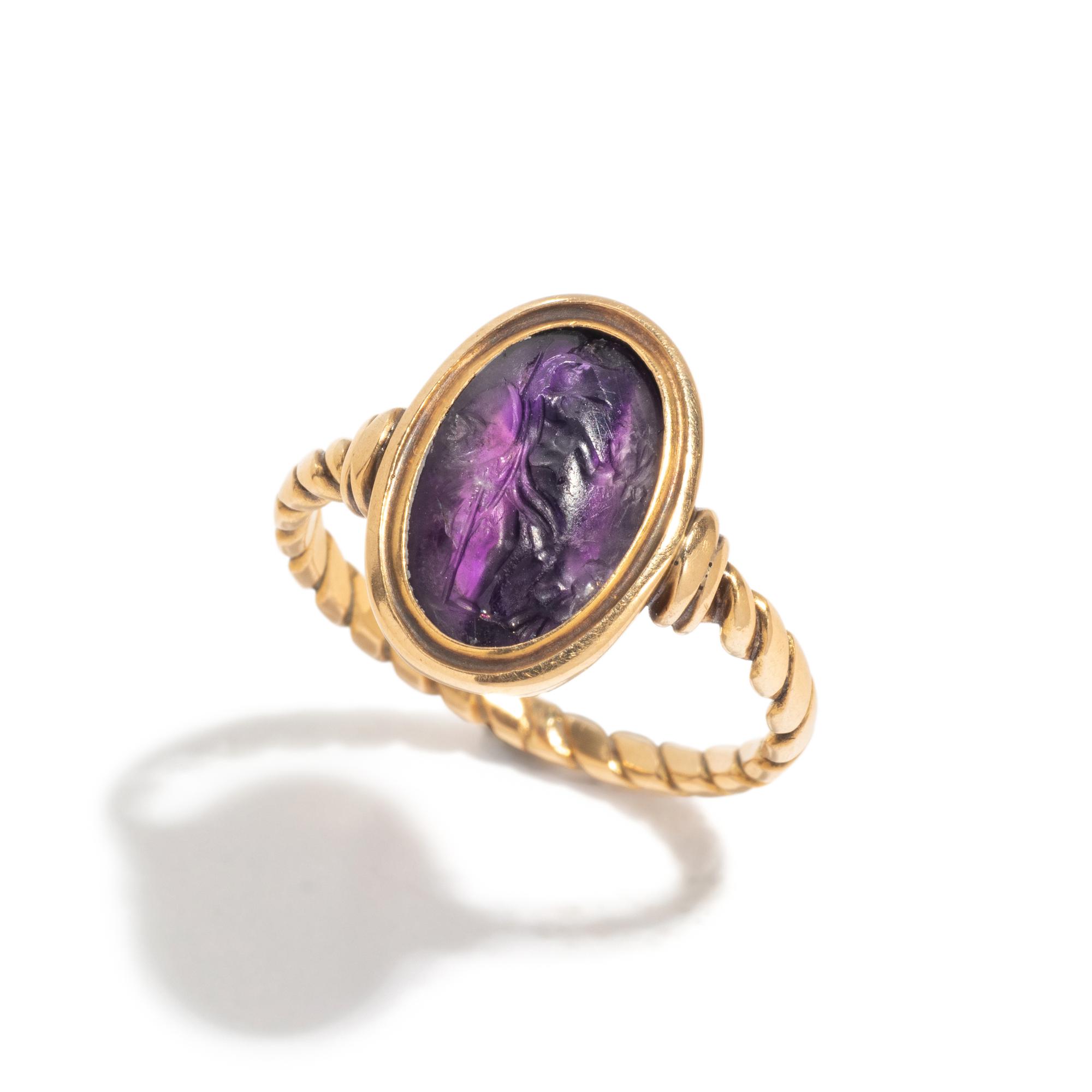 A Roman Amethyst Ring Stone with the Goddess Minvera — Set in a gold ring