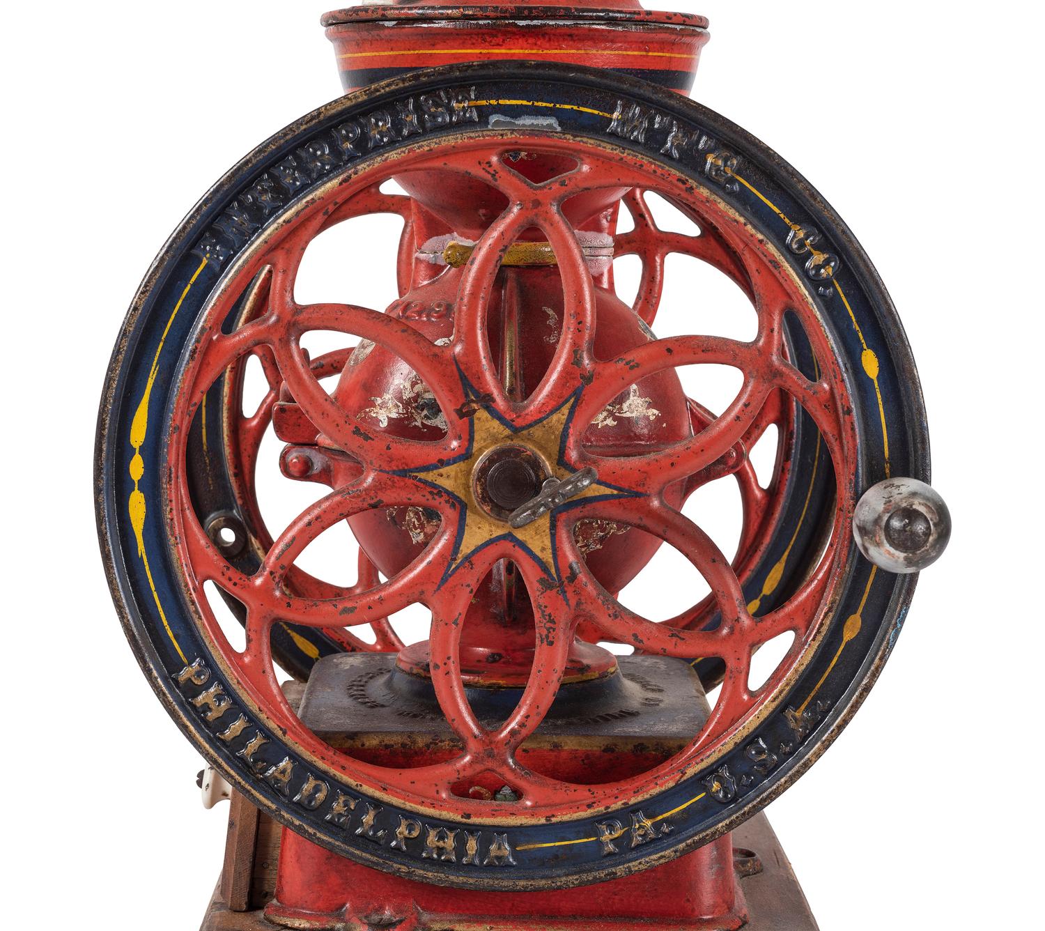 An Enterprise No. 5 Painted and Flag Decorated Cast Iron Coffee Mill