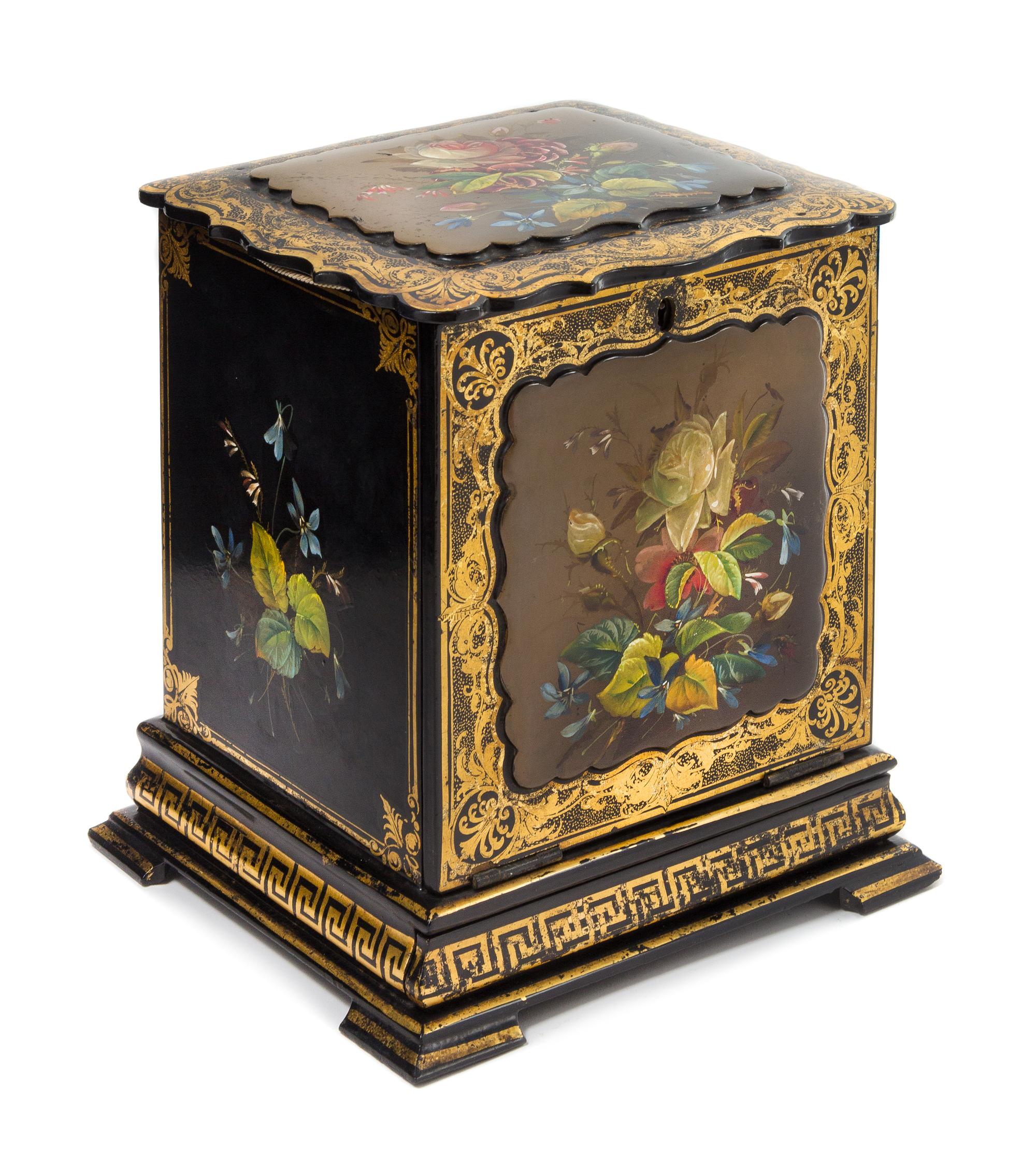 A Victorian Papier Mache Sewing Box Height 10 3/4 x width 9 3/4 x depth 8 3/4 inches. — LATE 19TH CENTURY