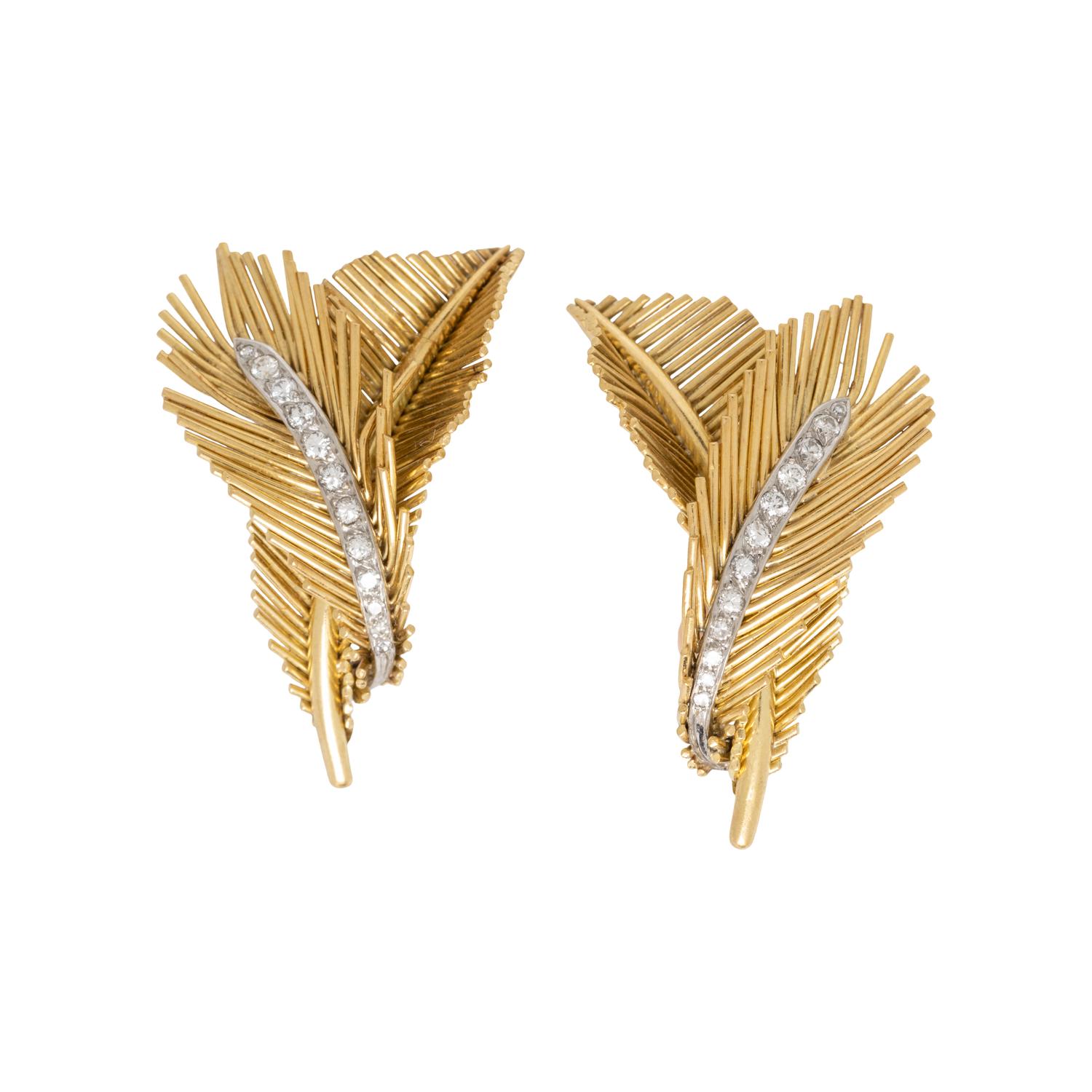 GOLD AND DIAMOND FEATHER EARRINGS