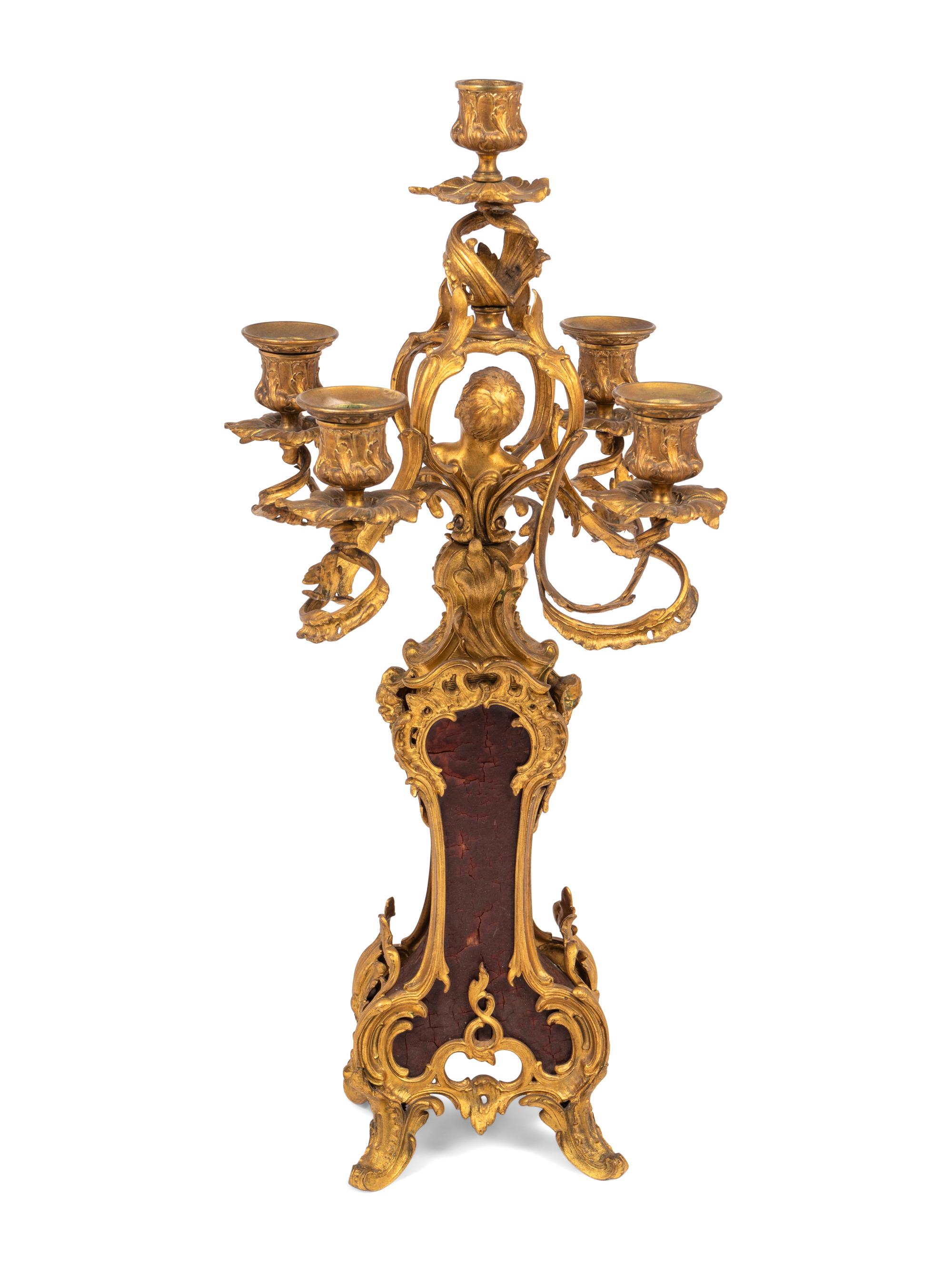 A Louis XV Style Gilt Metal Five-Light Candelabrum
