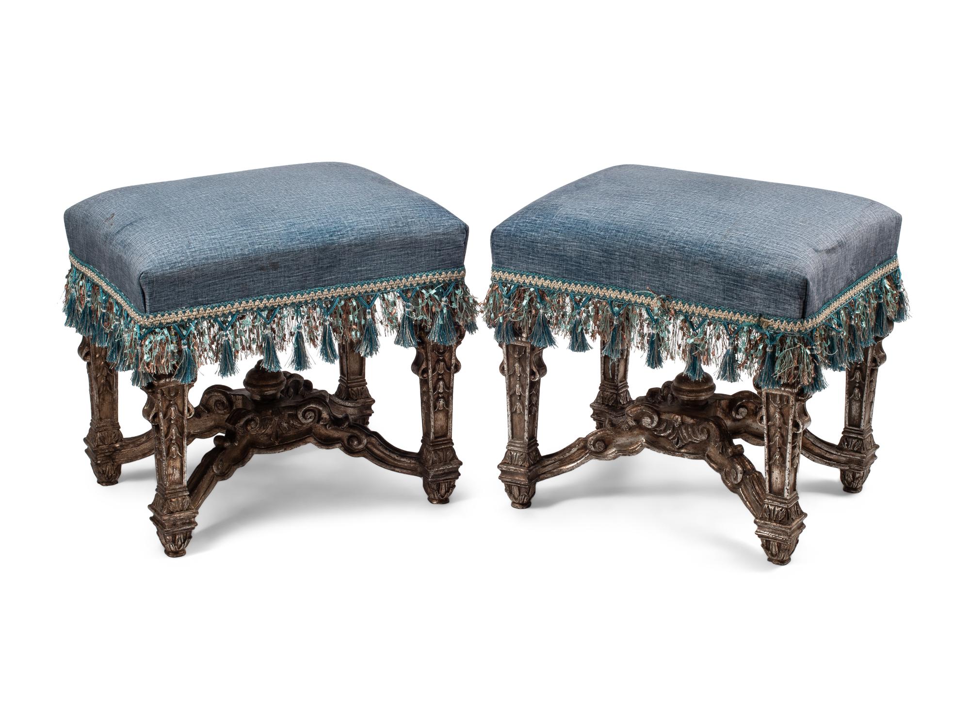 A Pair of Louis XIV Style Silvered Wood Stools