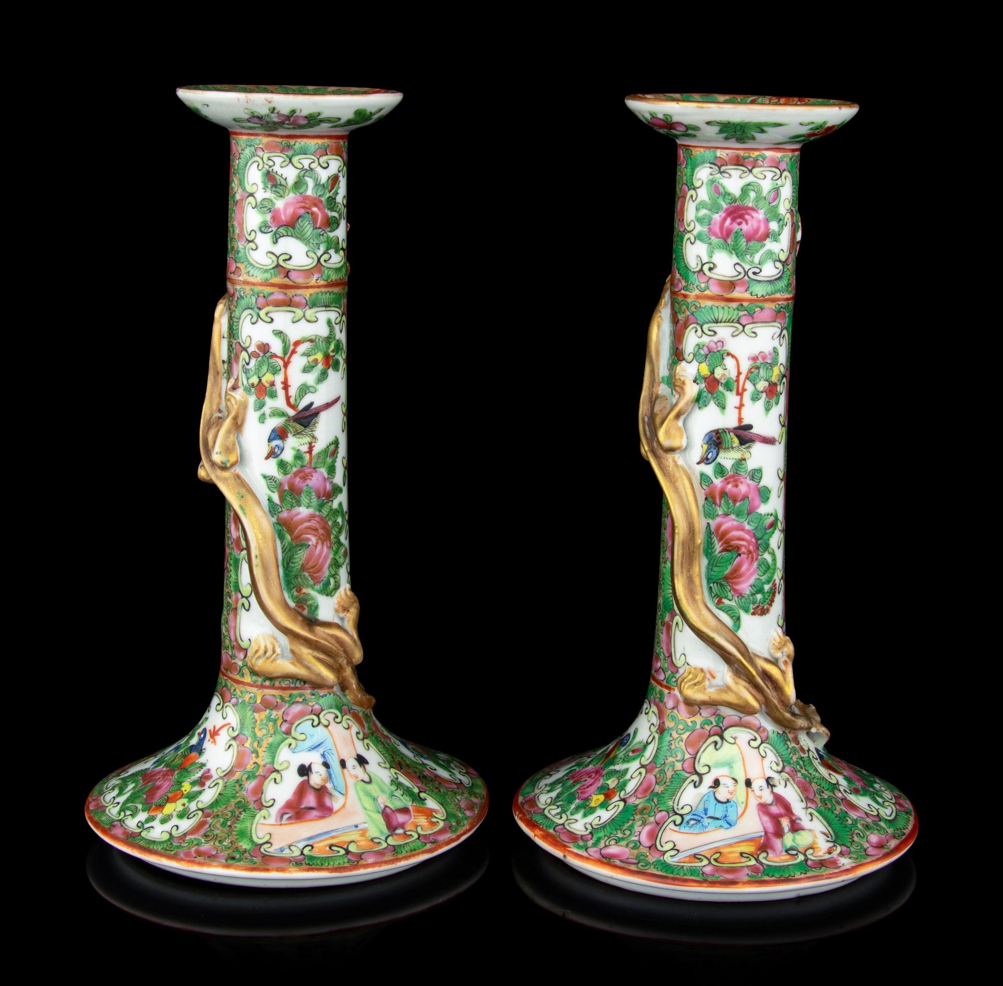 A Pair of Chinese Export Rose Medallion Porcelain Candle Holders