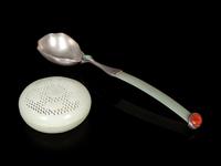 A Chinese Jade and Hardstone Inset Metal Ladle and A Chinese Jade Covered Box