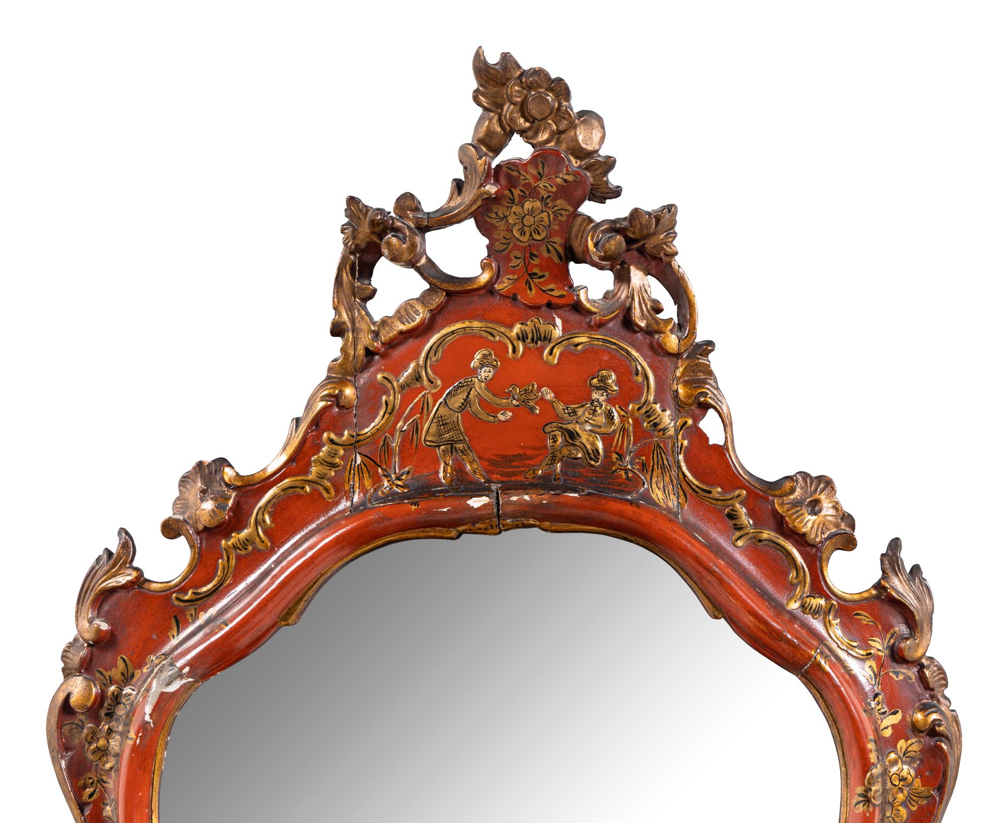 A Venetian Style Red and Gilt Japanned Mirror