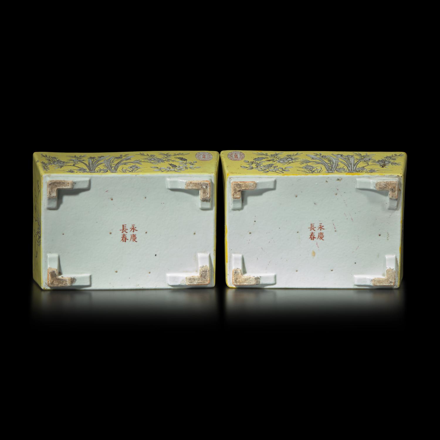 A Pair of Chinese Dayazhai-Type Grisaille Decorated Yellow Ground Porcelain Rectangular Jardinières, Republic Period 民國 黃地墨彩花卉紋長方水仙盆一對