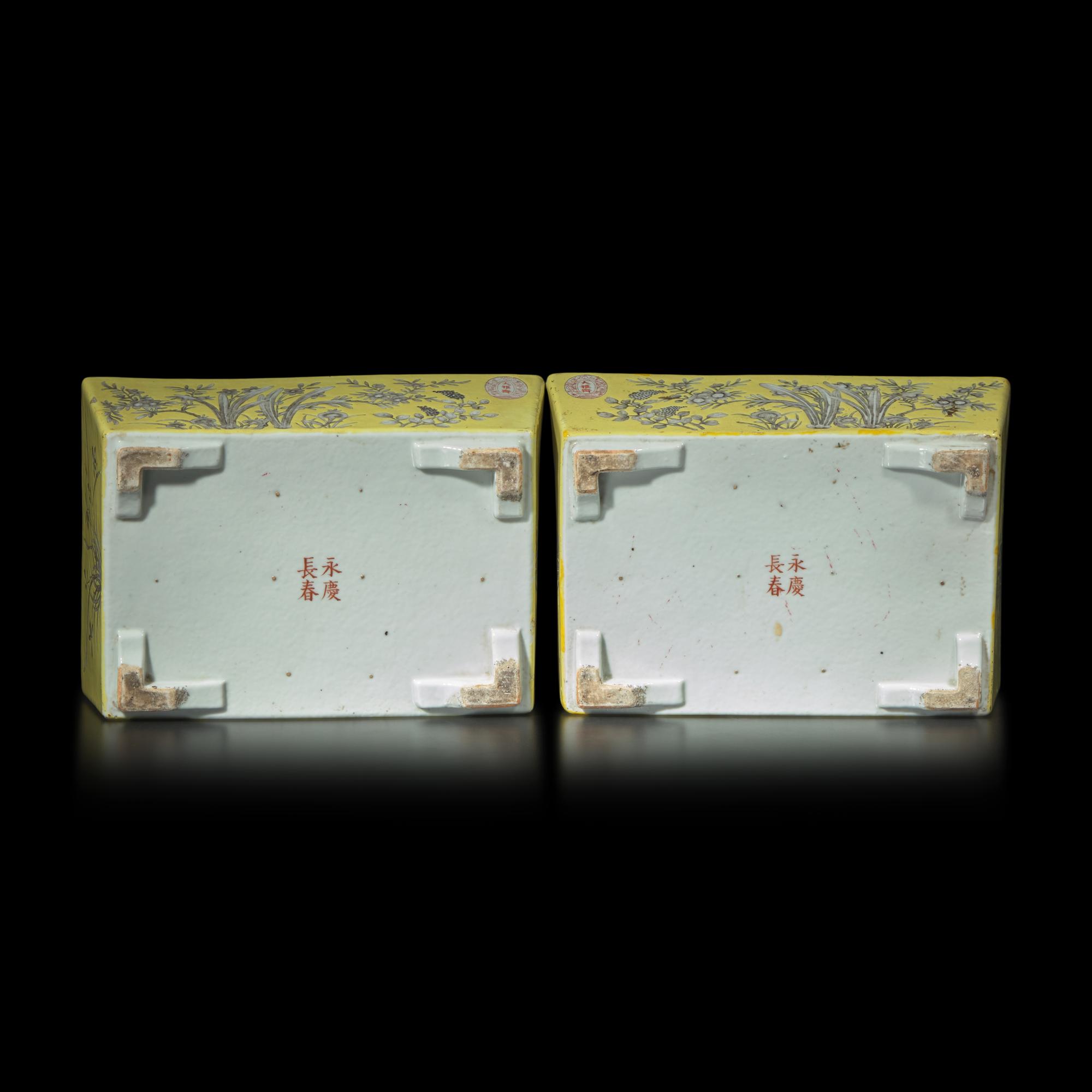 A Pair of Chinese Dayazhai-Type Grisaille Decorated Yellow Ground Porcelain Rectangular Jardinières, Republic Period 民國 黃地墨彩花卉紋長方水仙盆一對