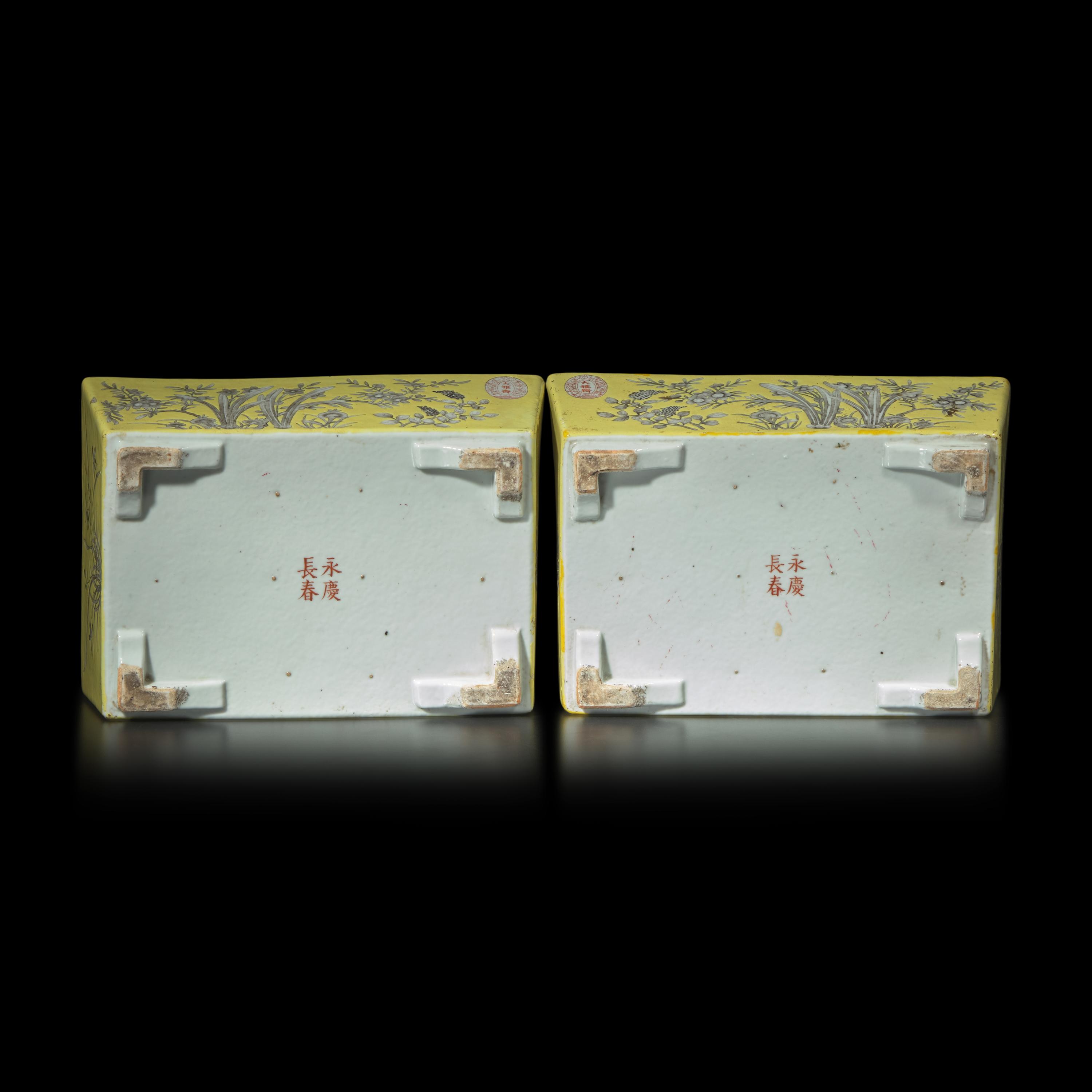 A Pair of Chinese Dayazhai-Type Grisaille Decorated Yellow Ground Porcelain Rectangular Jardinières, Republic Period 民國 黃地墨彩花卉紋長方水仙盆一對