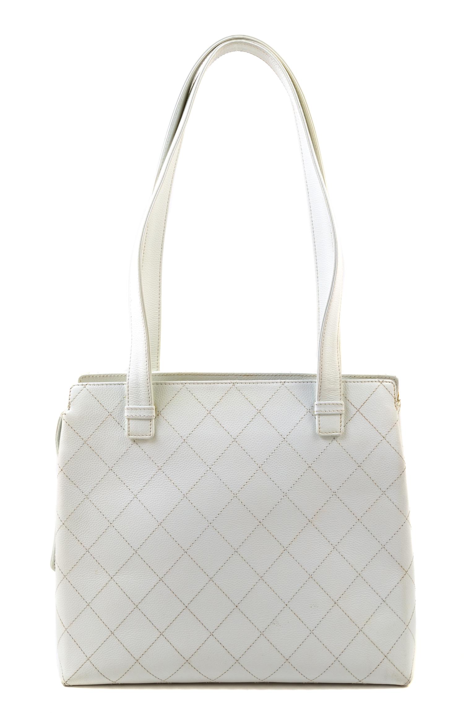 A Chanel White Quilted Leather Tote Bag, 12" x 11.25" x 5"; Strap drop: 11".