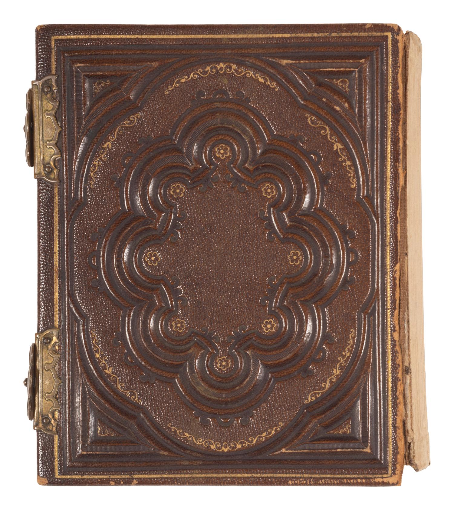 [NATIVE AMERICANS]. Album containing CDVs of Sioux involved in the 1862 Dakota Uprising in Minnesota containing photographs by Joel Whitney, B.F. Upton, and Martin's Gallery of St. Paul, MN.