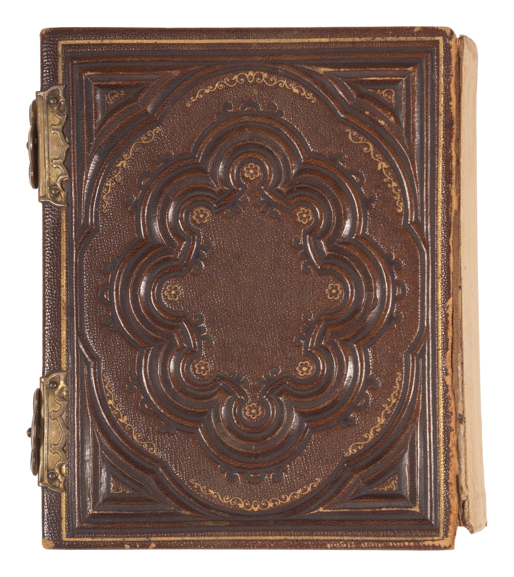 [NATIVE AMERICANS]. Album containing CDVs of Sioux involved in the 1862 Dakota Uprising in Minnesota containing photographs by Joel Whitney, B.F. Upton, and Martin's Gallery of St. Paul, MN.