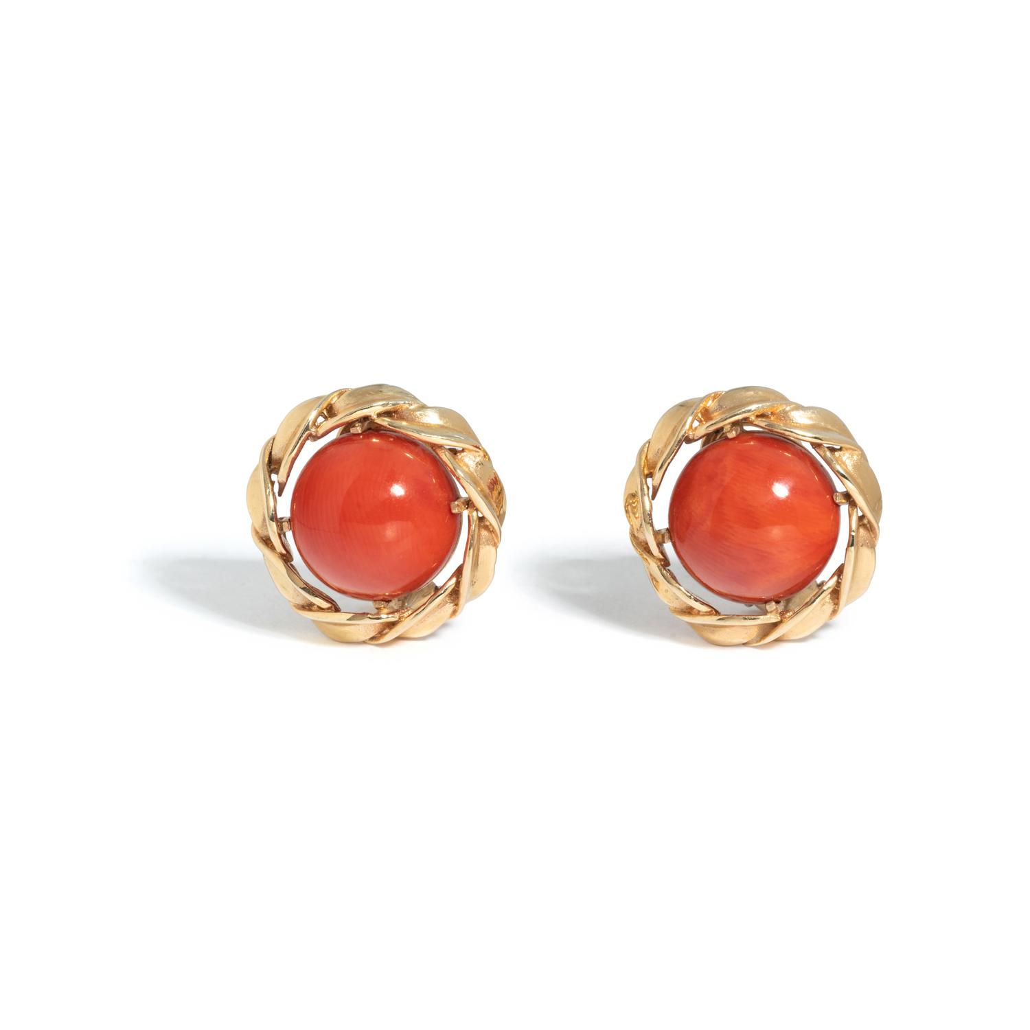 CELLINO, YELLOW GOLD AND CORAL EARCLIPS