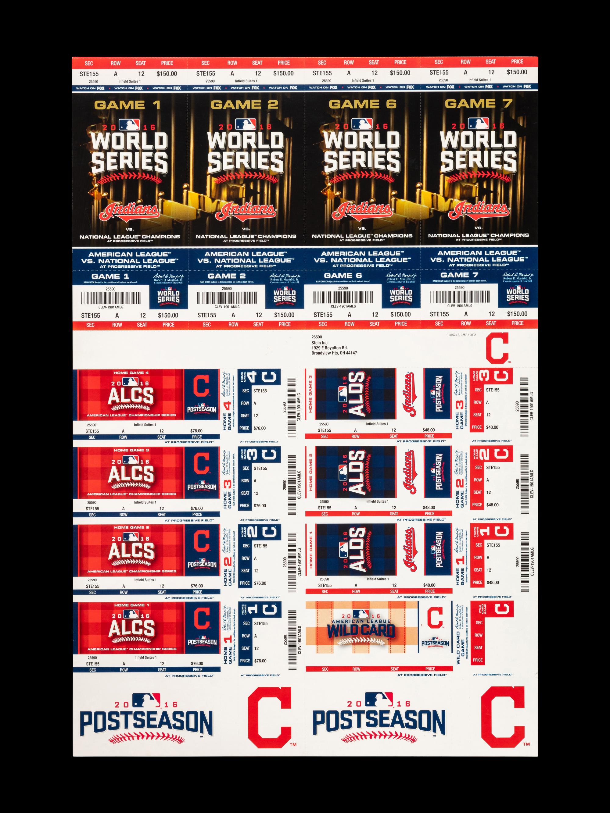 An Unused Sheet of Season Ticket Holder Cleveland Indians 2016 Postseason Tickets Including World Series Game 7 Cubs Clincher