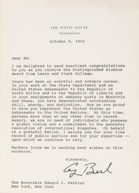 BUSH, George H.W. (1924-2018). Typed Letter signed ("George Bush") to Ambassador Edward J. PERKINS (1928-2020), 19th United States Ambassador to the United Nations from 1992-1993. Washington, D.C., 9 October 1992.