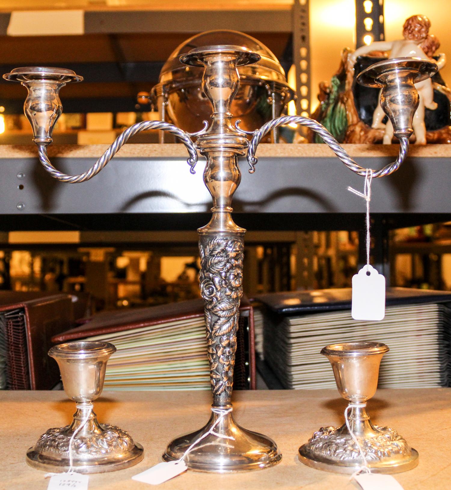 A Group of Three American Silver Candlesticks, Steiff Co., Baltimore, MD, Repousse pattern, comprising a pair of short and a taller exa