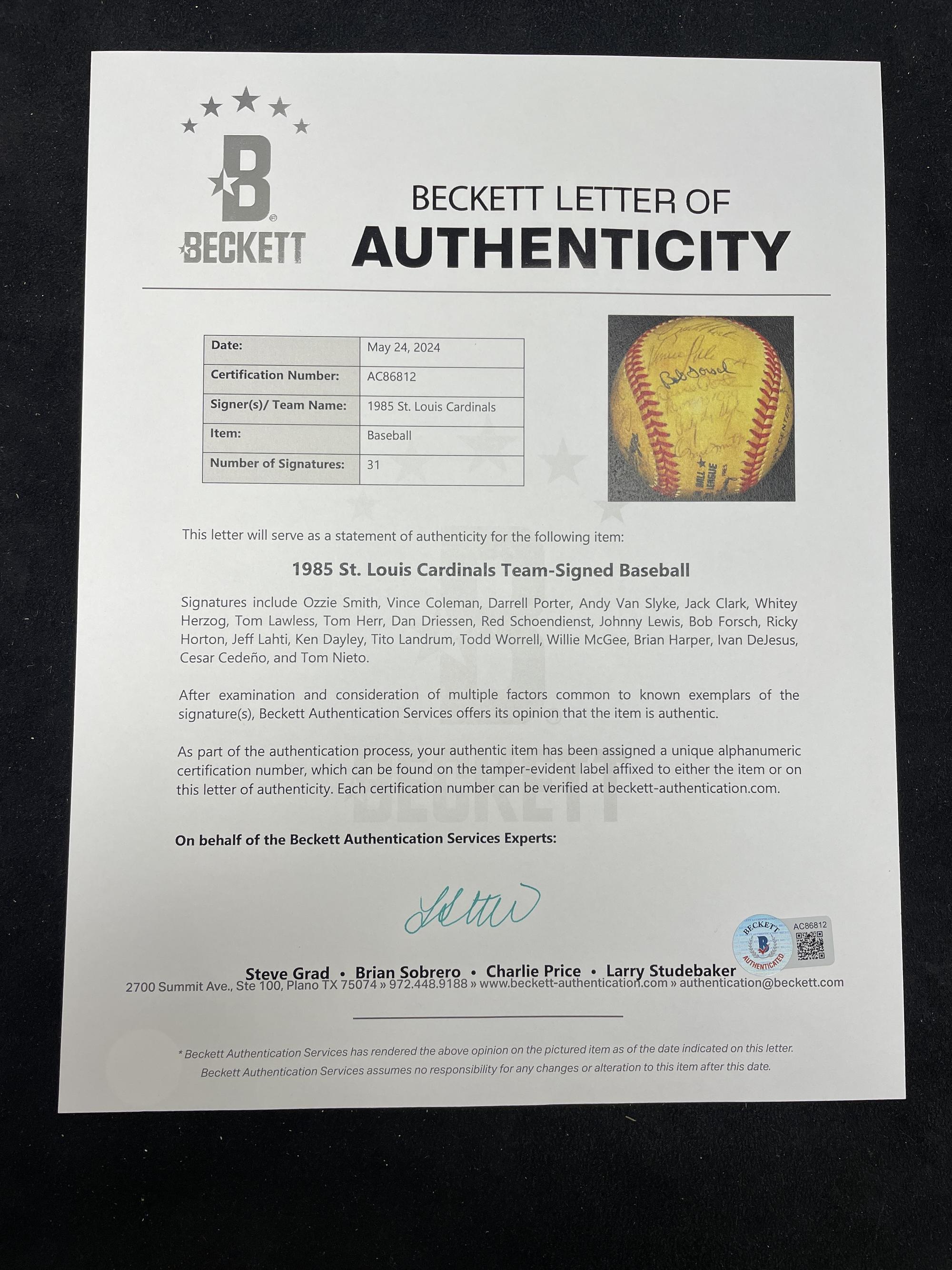 A 1985 St. Louis Cardinals Team Signed Autograph Baseball (Beckett Authentication Services)