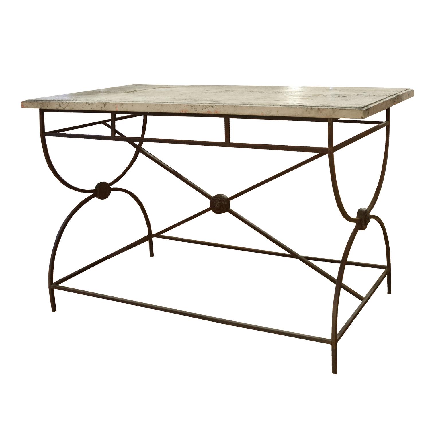 An Iron and Lead Travertine Top Table 47.5" W x 23.5 "d x 29.5" H — France, Circa 1930