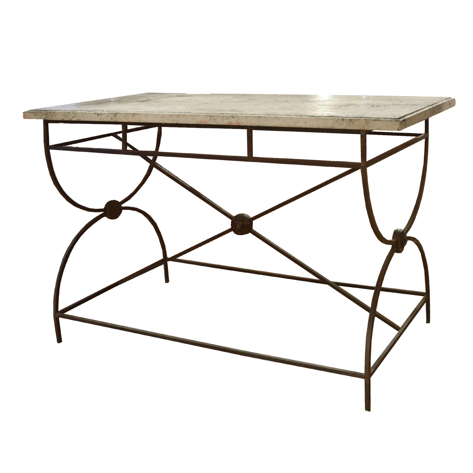 An Iron and Lead Travertine Top Table 47.5" W x 23.5 "d x 29.5" H — France, Circa 1930
